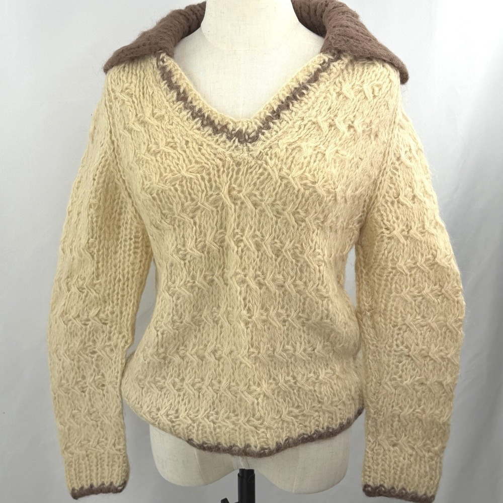 Vintage Italy Wool Mohair Sweater Shawl Collar Cream Brown Knit Size S